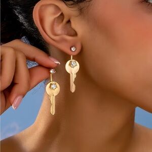 Affordable Fashion Finds Gold Key Drop Earrings with Crystal